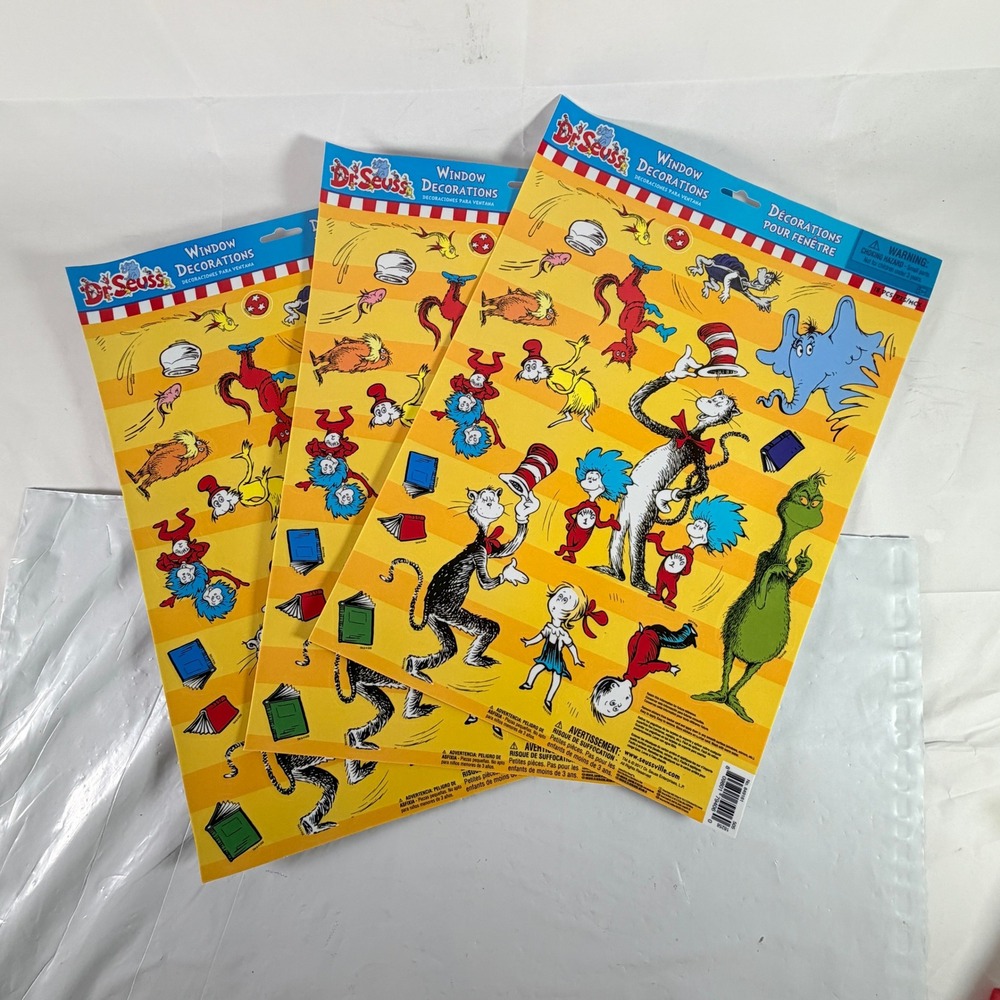 Dr Seuss Window Decorations Lot of 3 New 18pc Sheets Cat in the Hat Grinch Cling